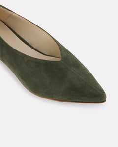 Oya Ramona flat pointed toe shoe in olive green suede, low heel for extended women's sizes.