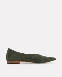 Oya Ramona flat pointed toe shoe in olive green suede, low heel for extended women's sizes.